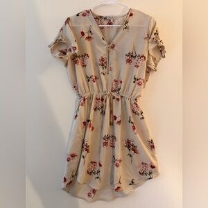 Stella Tweed Beige Mini Dress with Pink & Red Floral Print